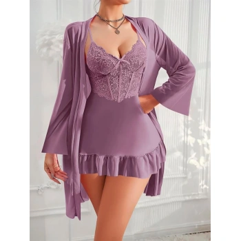 Will Like Özel Tasarım Dantel İşlemeli Fırfırlı Sabahlıklı 2li Mor Gecelik Takımı