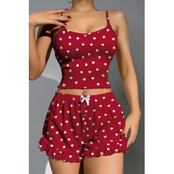 Will Like Pamuklu Kırmızı Üstüne Beyaz Kalp Desen Fitilli Askılı Şortlu Pijama Takımı