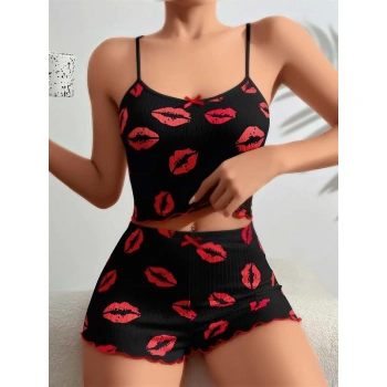 Will Like Pamuklu Kiss Öpücük Desen Siyah Fitilli Şortlu Pijama Takımı