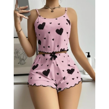 Will Like Pamuklu Pembe Üstüne Siyah Kalp Desenli Askılı Fitilli Şortlu Pijama Takımı