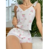 Will Like Pamuklu Beyaz Üstüne Çiçek Desen Fırfır Askılı Şortlu Pijama Takımı