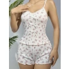 Will Like Pamuklu Beyaz Üstüne Çiçek Desen Fitilli Askılı Şortlu Pijama Takımı