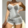 Will Like Pamuklu Dantel İşlemeli Gri Askılı Şortlu Pijama Takımı