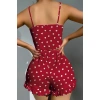 Will Like Pamuklu Kırmızı Üstüne Beyaz Kalp Desen Fitilli Askılı Şortlu Pijama Takımı