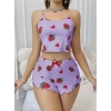 Will Like Pamuklu Lila Üstüne Çilek Desen Fitilli Askılı Şortlu Pijama Takımı