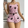 Will Like Pamuklu Pembe Üstüne Siyah Kalp Desenli Askılı Fitilli Şortlu Pijama Takımı