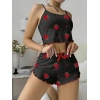 Will Like Pamuklu Siyah Üstüne Çilek Desen Fitilli Askılı Şortlu Pijama Takımı