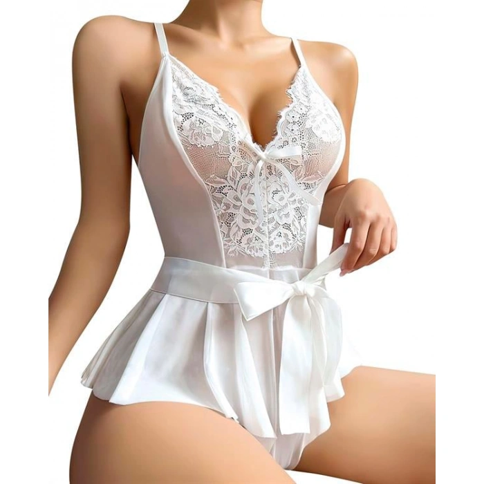 Will Like Beyaz Dantel İşlemeli Kurdelalı Fantezi Tül Babydoll
