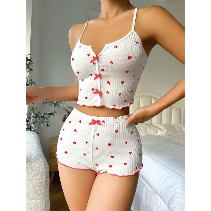 Will Like Beyaz Fiyonk Desenli Kalpli Askılı Şortlu Pijama Takım