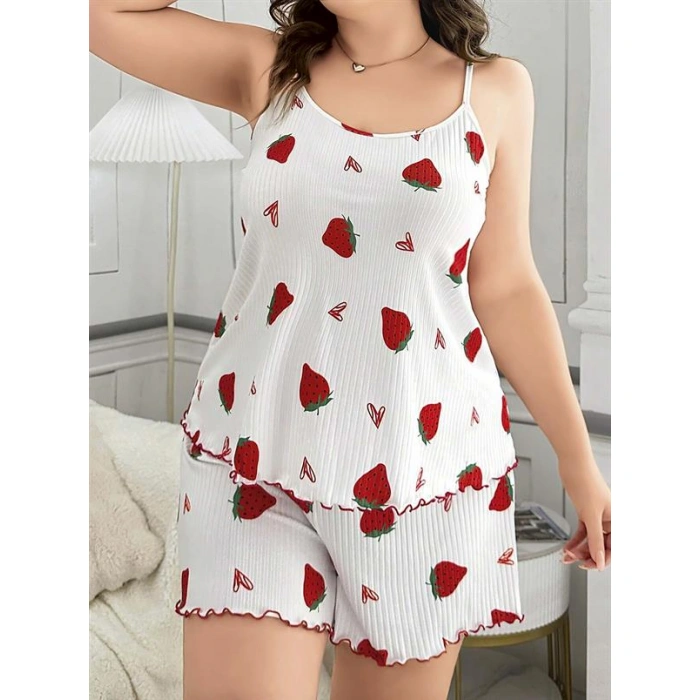 Will Like Büyük Beden Çilek Desen Pamuklu Şortlu Pijama Takımı