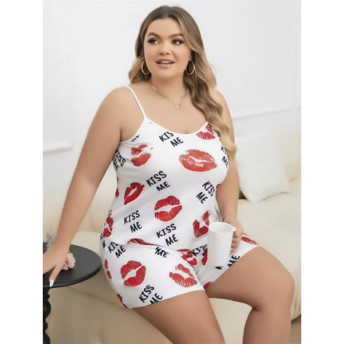 Will Like Büyük Beden Kiss Me Öpücük Desen Pamuklu Şortlu Pijama Takımı
