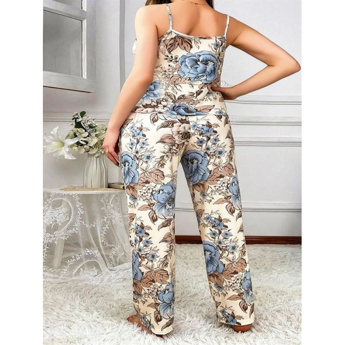 Will Like Büyük Beden Mavi Çiçek Desenli İnce Askılı 2li Saten Pijama