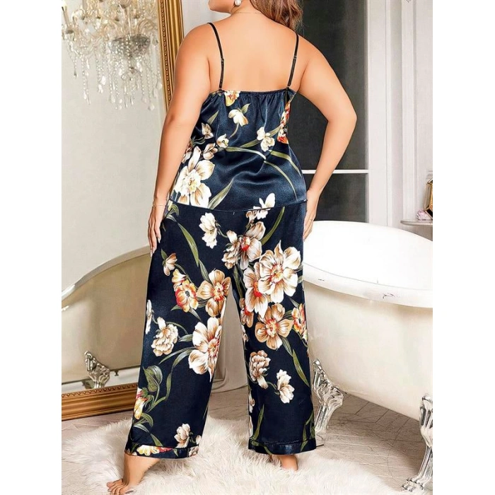 Will Like Büyük Beden Mavi Üstüne Çiçek Desenli İnce Askılı 2li Saten Pijama Takımı