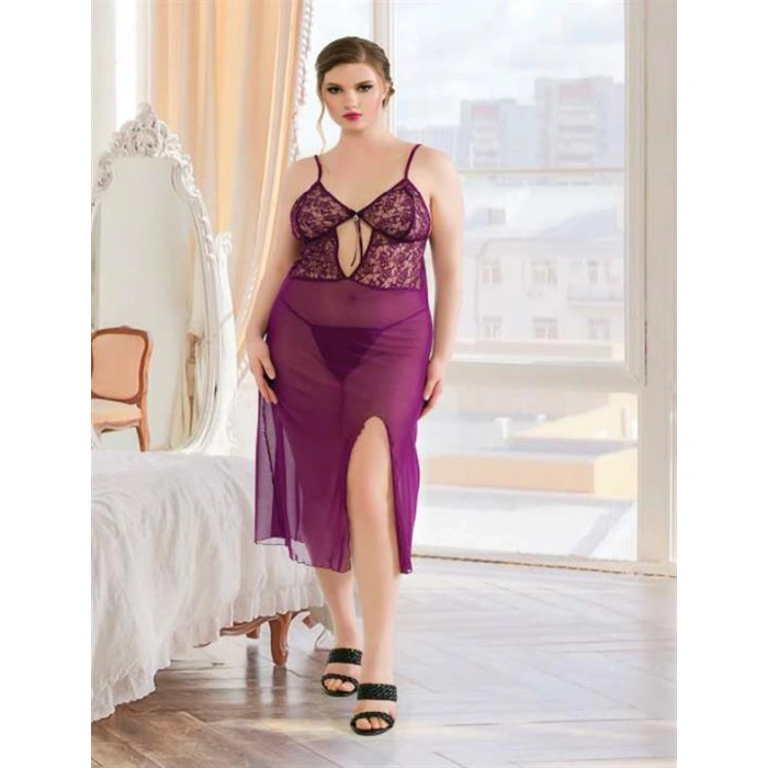 Will Like Büyük Beden Mor Dantelli Tül Fantezi Uzun Yırtmaçlı Gecelik