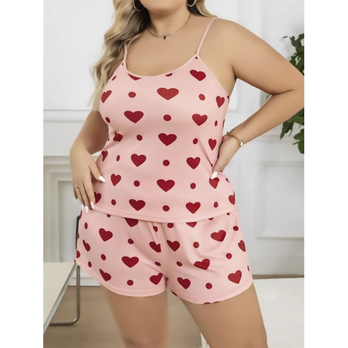 Will Like Büyük Beden Pembe Kalp Desen Pamuklu Şortlu Pijama Takımı