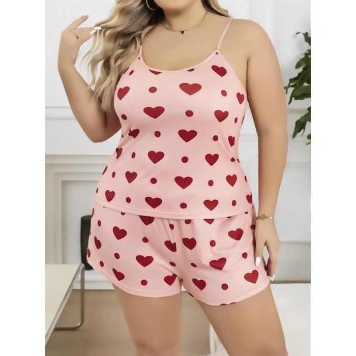 Will Like Büyük Beden Pembe Kalp Desen Pamuklu Şortlu Pijama Takımı