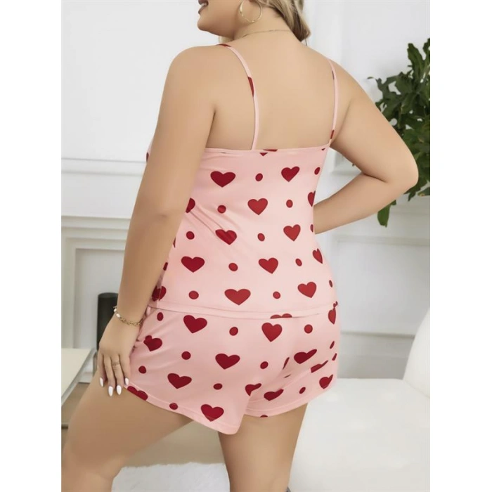 Will Like Büyük Beden Pembe Kalp Desen Pamuklu Şortlu Pijama Takımı