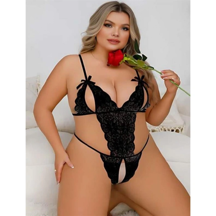 Will Like Büyük Beden Siyah Dantel İşlemeli Dekolteli Fantezi Babydoll