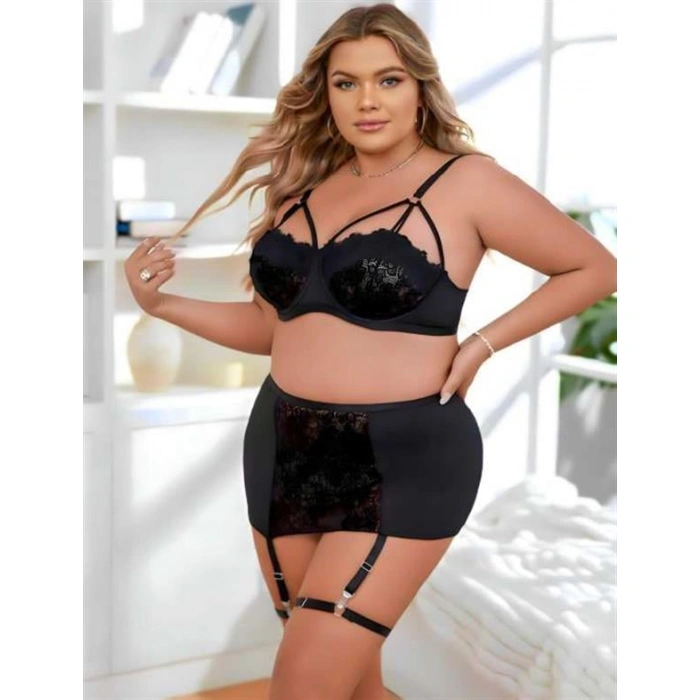 Will Like Büyük Beden Siyah Dantel İşlemeli Dekolteli Jartiyer Takımı