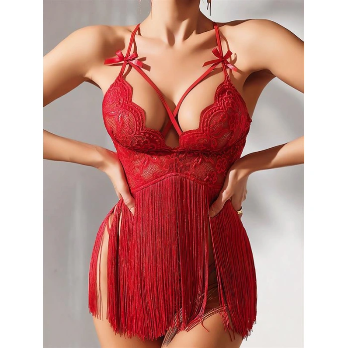 Will Like Kırmızı Püsküllü Dantel Detaylı Fantezi Gecelik