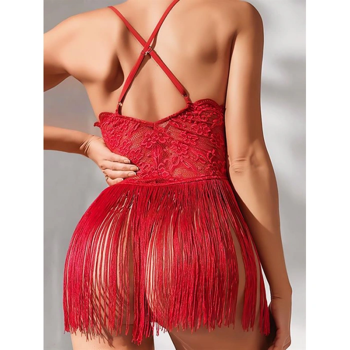 Will Like Kırmızı Püsküllü Dantel Detaylı Fantezi Gecelik