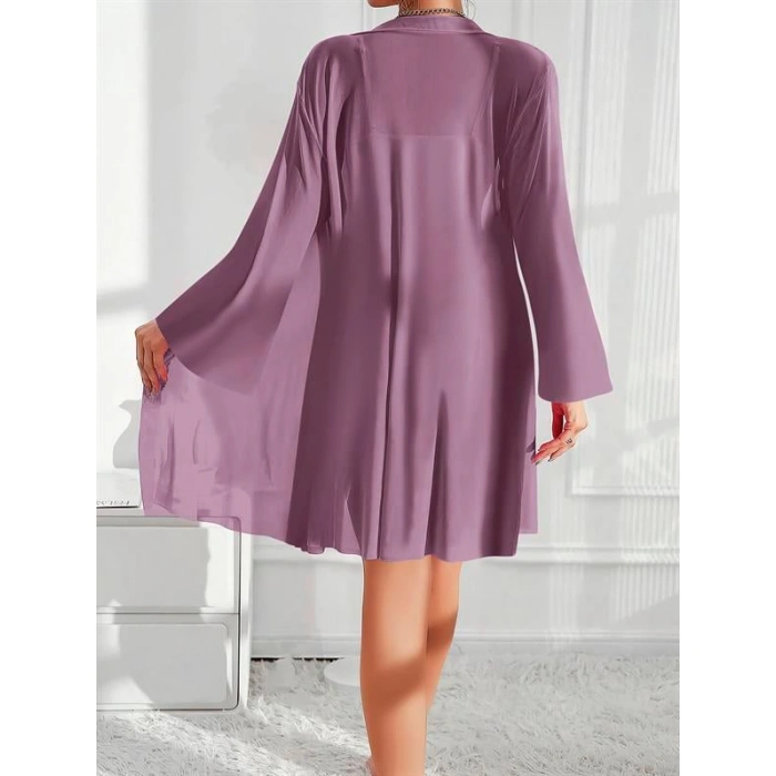 Will Like Özel Tasarım Dantel İşlemeli Fırfırlı Sabahlıklı 2li Mor Gecelik Takımı