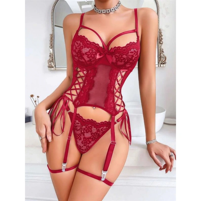 Will Like Özel Tasarım Kırmızı Dantel İşlemeli Fantezi Jartiyer Takımı