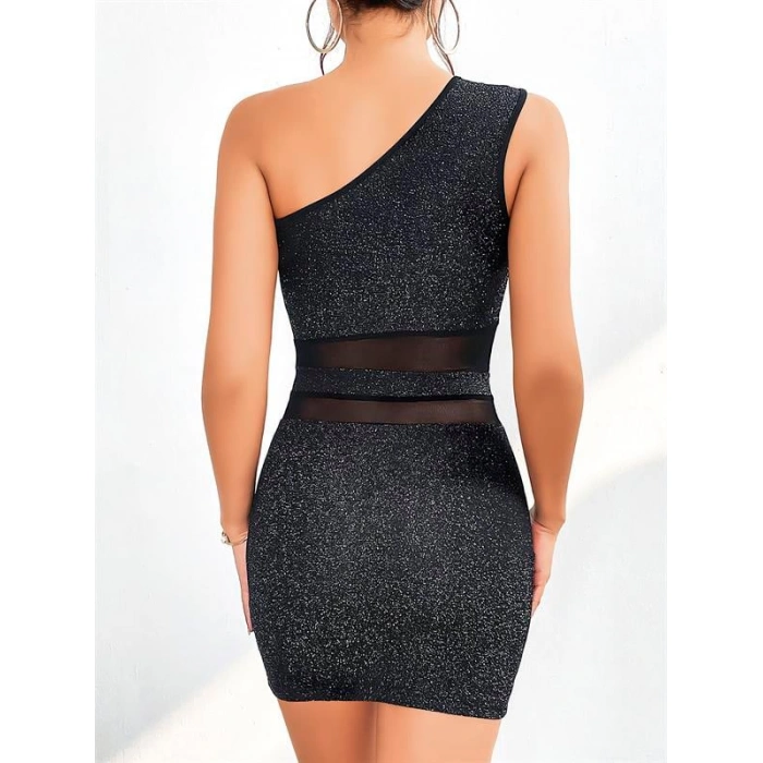 Will Like Özel Tasarım Siyah Tek Omuz Dekolteli Işıltılı Fantezi Mini Club Elbisesi
