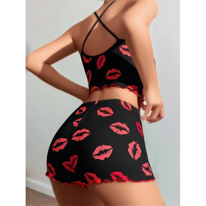 Will Like Pamuklu Kiss Öpücük Desen Siyah Fitilli Şortlu Pijama Takımı