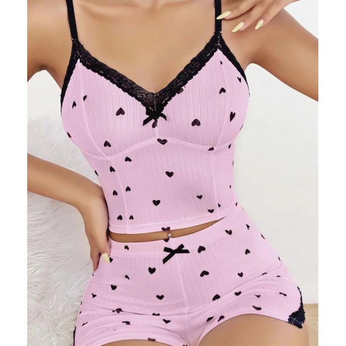 Will Like Pembe Kalp Desenli Askılı Şortlu Pijama Takım