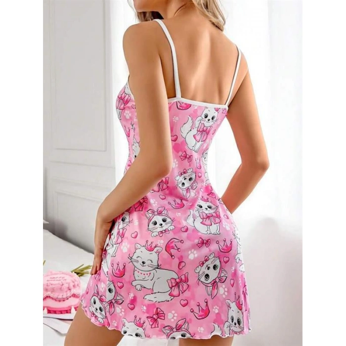 Will Like Pembe Kedi Desenli Fantezi Gecelik