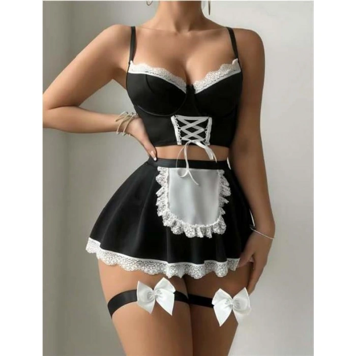 Will Like Siyah Beyaz Bacak Aksesuarlı Büstiyerli Fantezi Hizmetçi Kostümü