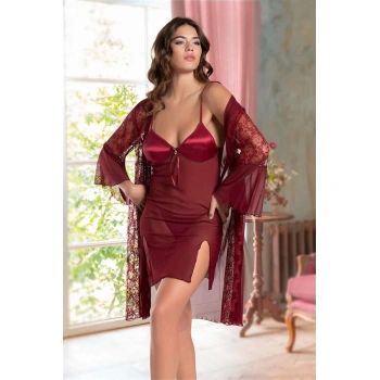 Will Like Bordo Transparan Dantel İşlemeli Tül Yırtmaçlı 2li Gecelik Takımı