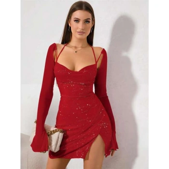 Will Like Kırmızı Yırtmaç Detay Simli Fantezi Mini Club Elbisesi
