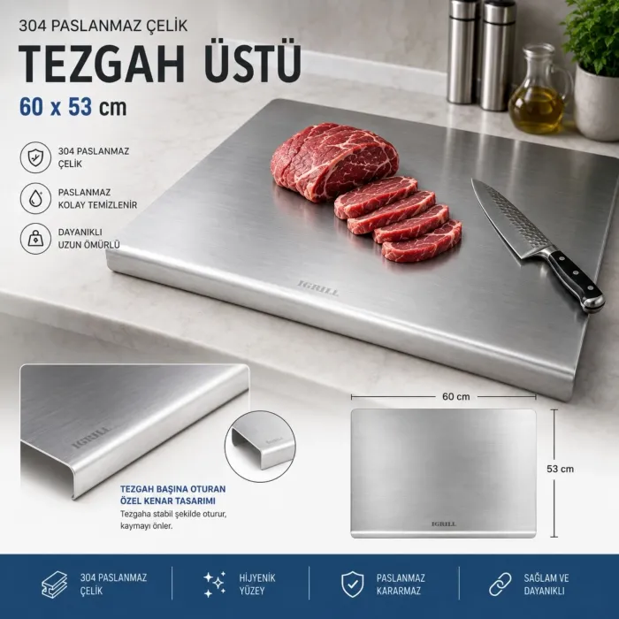 IGRILL Tezgah Üstü Kesme Tahtası 304 Paslanmaz Çelik 60x53cm Et Doğrama ve Mutfak Hazırlık Panosu