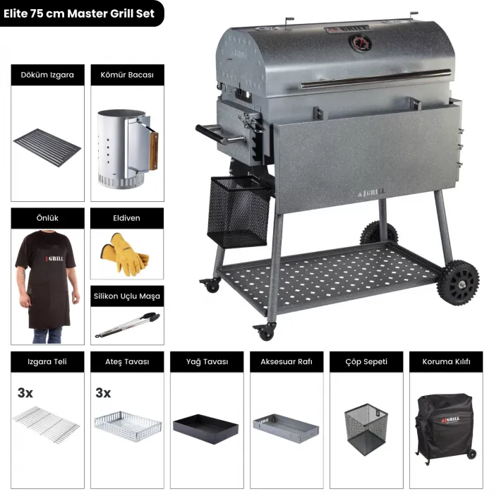 IGRILL Barbekü Elite 740 mm Kömürlü Gri Mangal - Master Grill Set