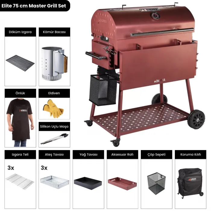 IGRILL Barbekü Elite 740 mm Kömürlü Kırmızı Mangal - Master Grill Set
