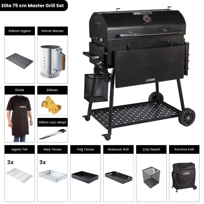 IGRILL Barbekü Elite 740 mm Kömürlü Siyah Mangal - Master Grill Set