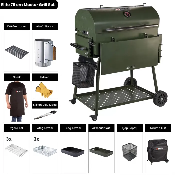 IGRILL Barbekü Elite 740 mm Kömürlü Yeşil Mangal - Master Grill Set
