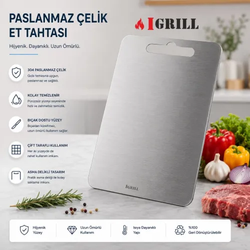 IGRILL Et Kesme Tahtası 304 Paslanmaz Çelik 32x24cm - Hijyenik Çift Taraflı Mutfak Tezgah Üstü Kesim Panosu
