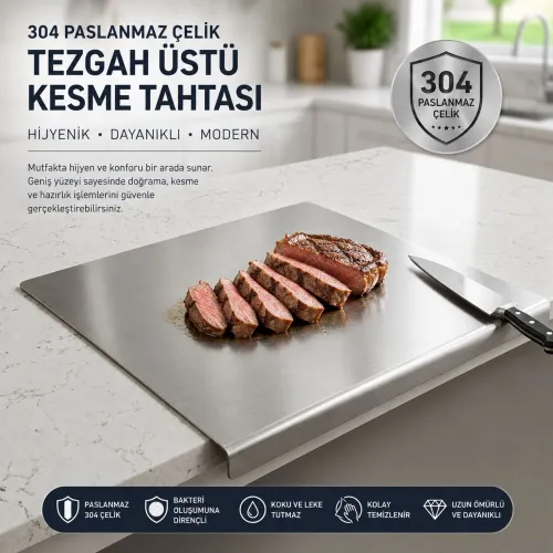IGRILL Tezgah Üstü Kesme Tahtası 304 Paslanmaz Çelik 60x53cm Et Doğrama ve Mutfak Hazırlık Panosu
