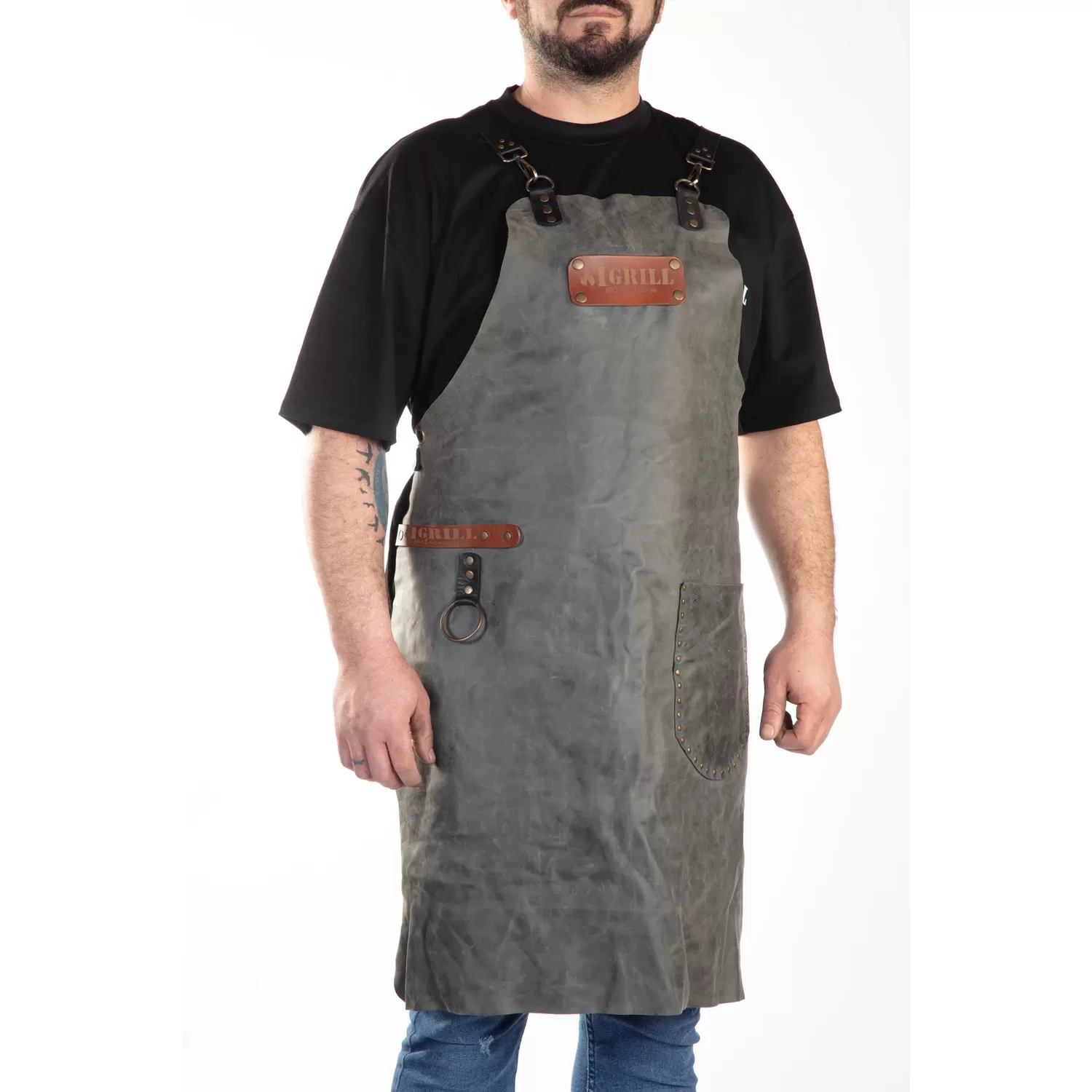 IGRILL Deri Önlük Koyu Gri Ayarlanabilir Askılı Crazy Deri El İşçiliği Önlük