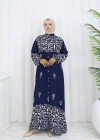Boydan Düğmeli Etnik Desen Elbise Lacivert