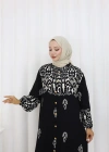 Boydan Düğmeli Etnik Desen Elbise Siyah