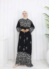 Boydan Düğmeli Etnik Desen Elbise Siyah