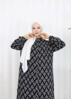 Boydan Düğmeli Yaprak Desen Elbise Siyah Beyaz