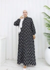 Boydan Düğmeli Yaprak Desen Elbise Siyah Beyaz