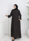 Boydan Düğmeli Yaprak Desen Elbise Siyah Kahve