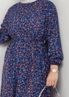 Çiçek Desen Kuşaklı Elbise Lacivert