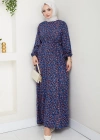 Çiçek Desen Kuşaklı Elbise Lacivert